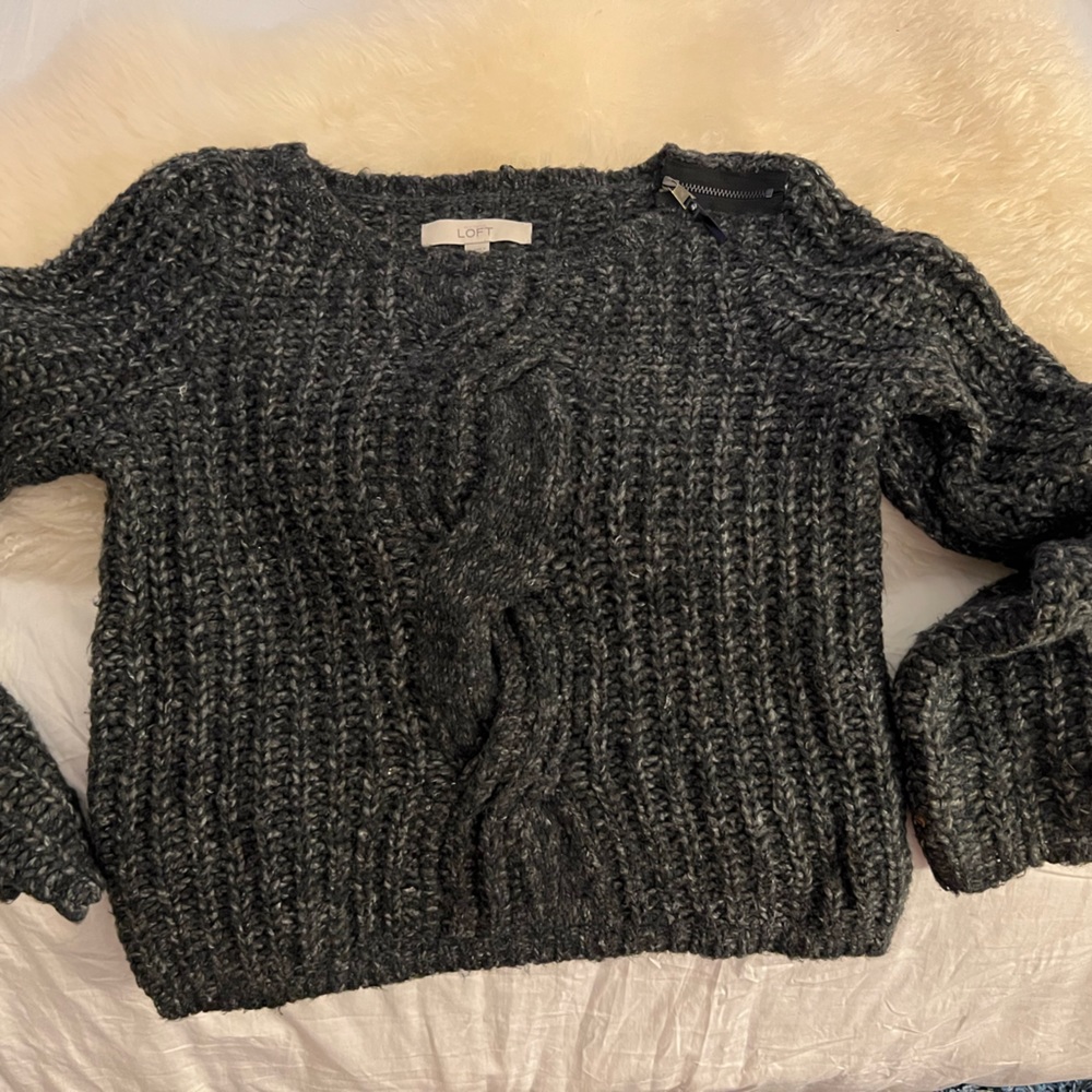 Charcoal, gray short, ribbed sweater with zipper at the neck short